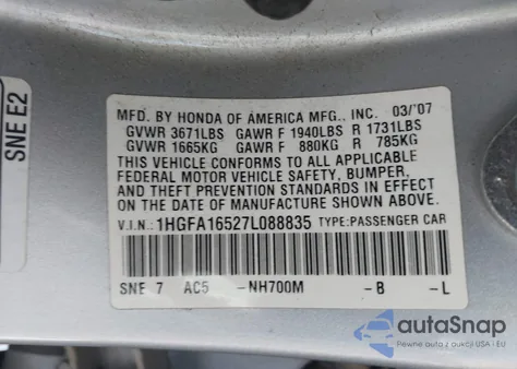2007 Honda Civic Lx z USA, uszkodzony, nr VIN 1HGFA16527L088835